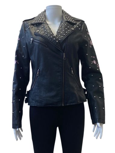 Дамско кожено яке с капси, джобове и ципове KING OF FASHION L