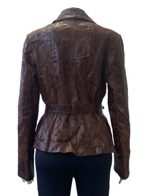 Дамско кожено яке с джобове, копчета и колан M